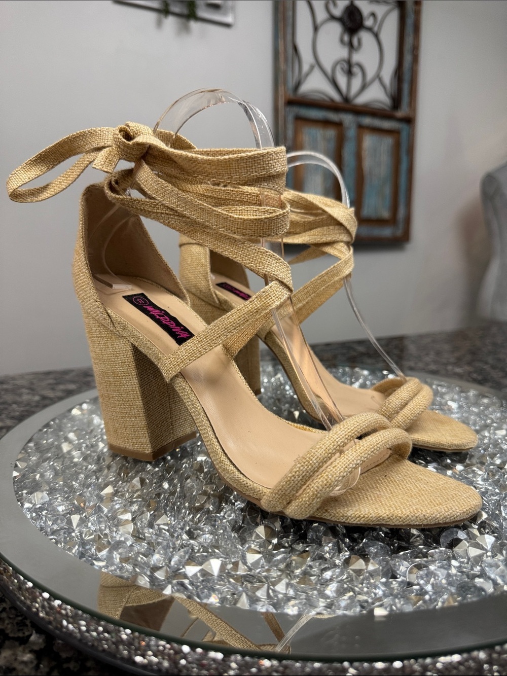 Wild Diva Beige Woven Ankle-Tie Block Heels 8